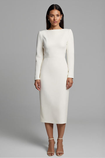Ivory Sheath Long Sleeve Midi Work Dress with Slit